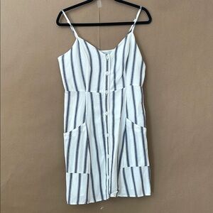 Rails Linen Blend Striped White and Navy Button-Down Dress